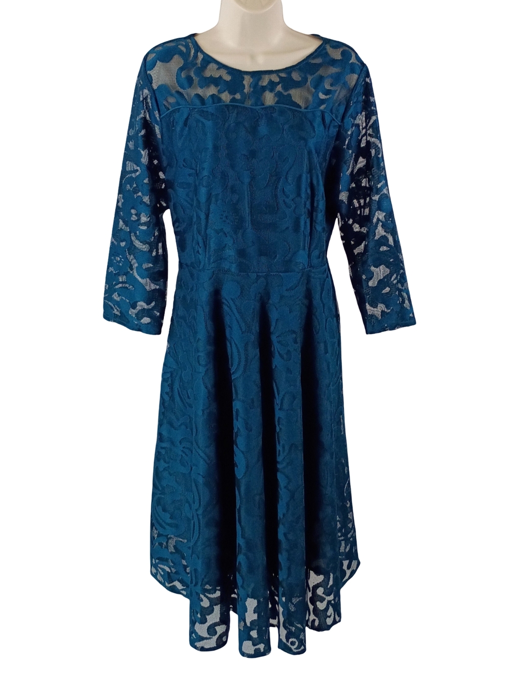Teal Lace Midi Dress with Sheer Yoke and Three-Quarter Sleeves
